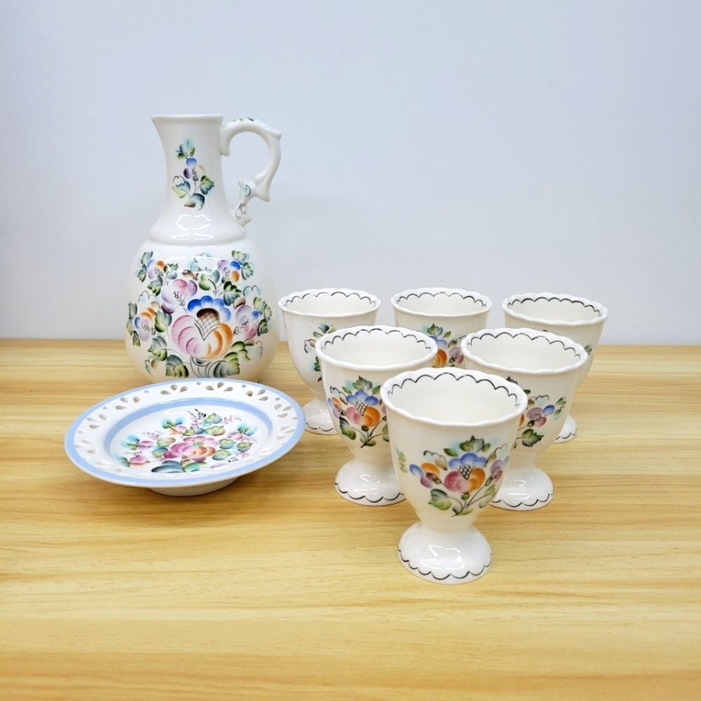 Vintage Russian Folk Art Handpainted Floral Pitcher Cups & Plate